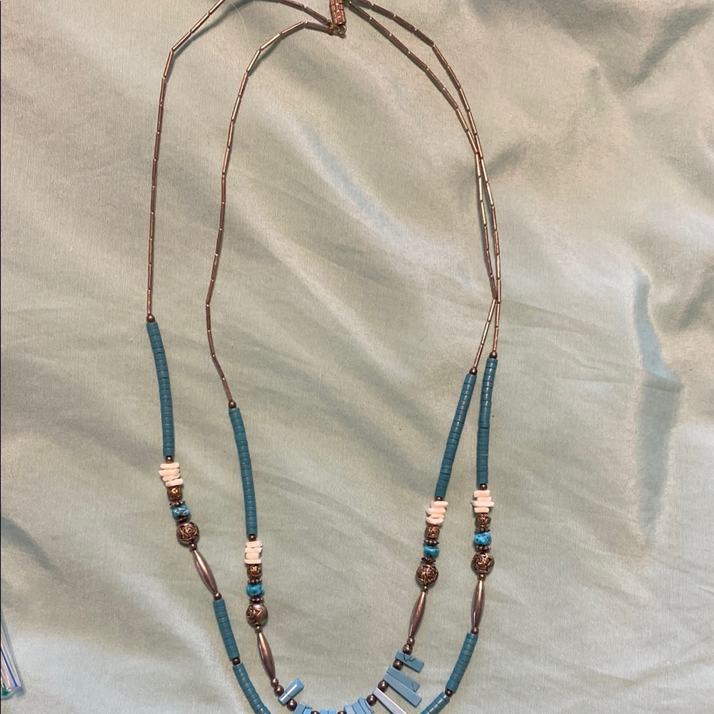 Blue and Silver Beaded Necklace with Asymmetrical Design